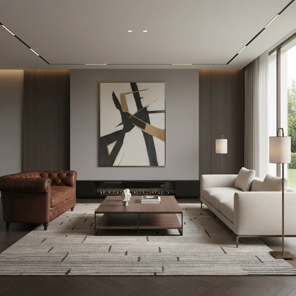 Interior mixing classic leather furniture with modern decor elements