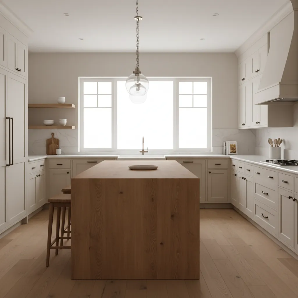 Farmhouse kitchen island with butcher block top and quartz counters around