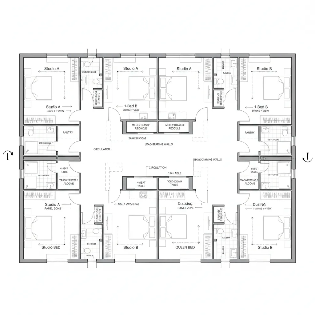 Top-down CAD plan showing alternating shallow and deep units along a central corridor