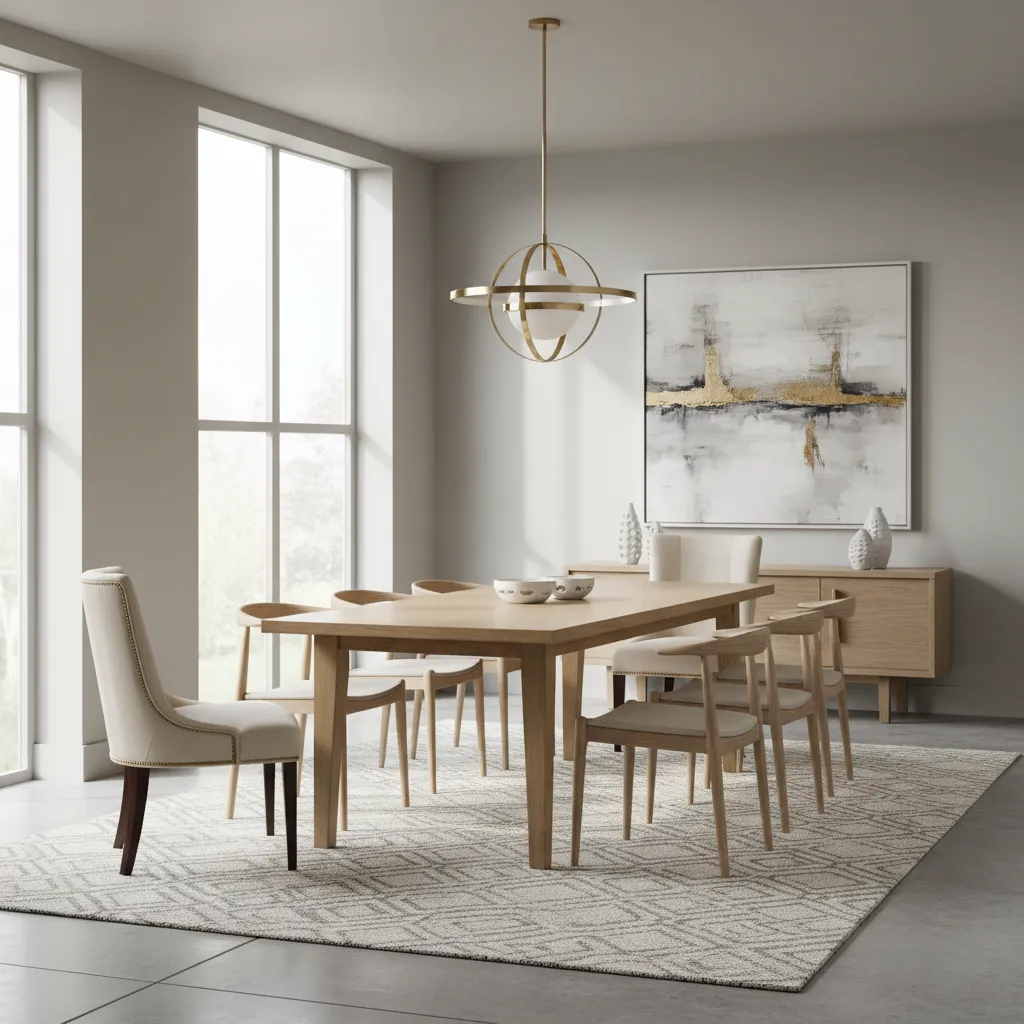 Dining room showing captain chairs combined with lighter side chairs for visual balance