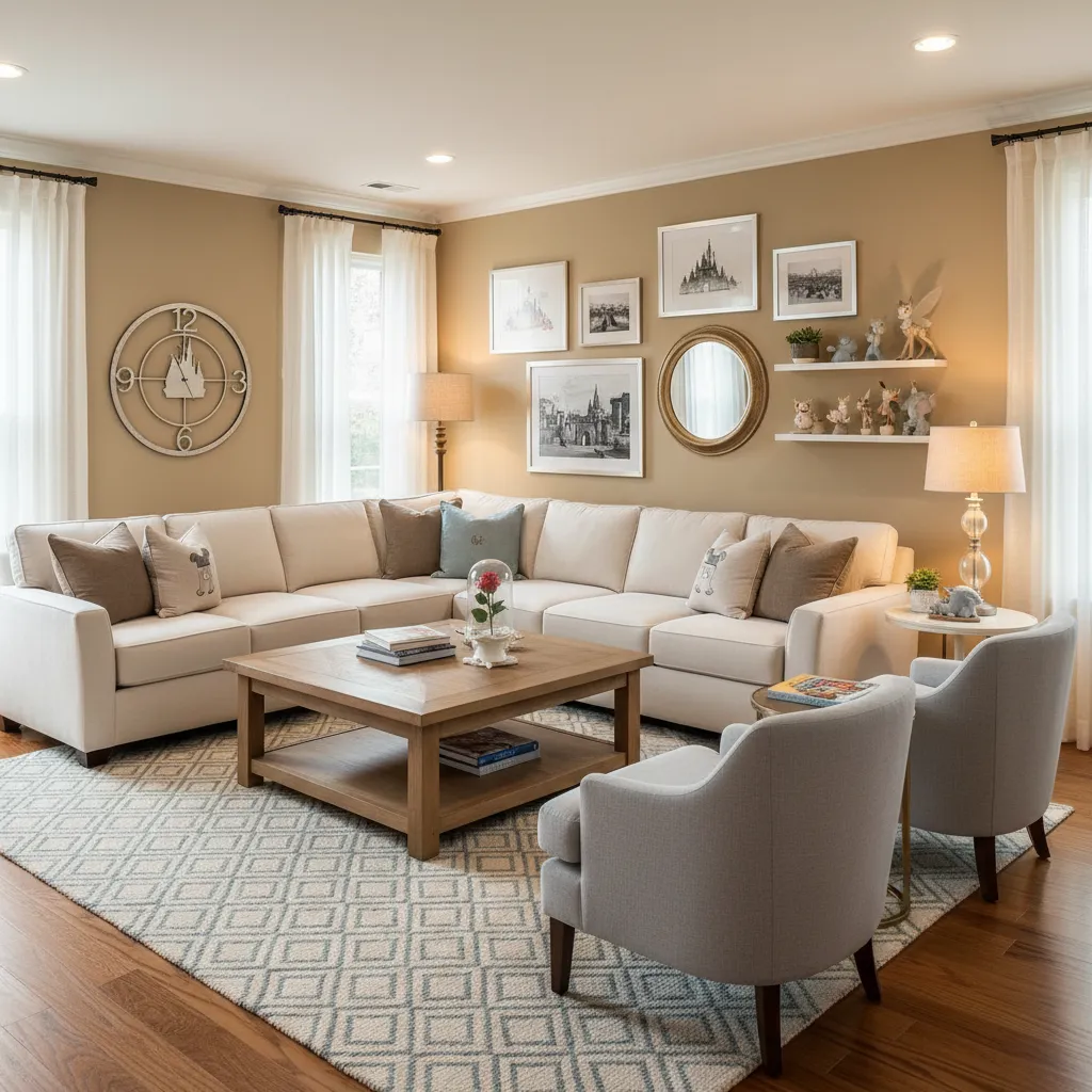 living room combining official disney decor items with neutral furniture and handmade accents