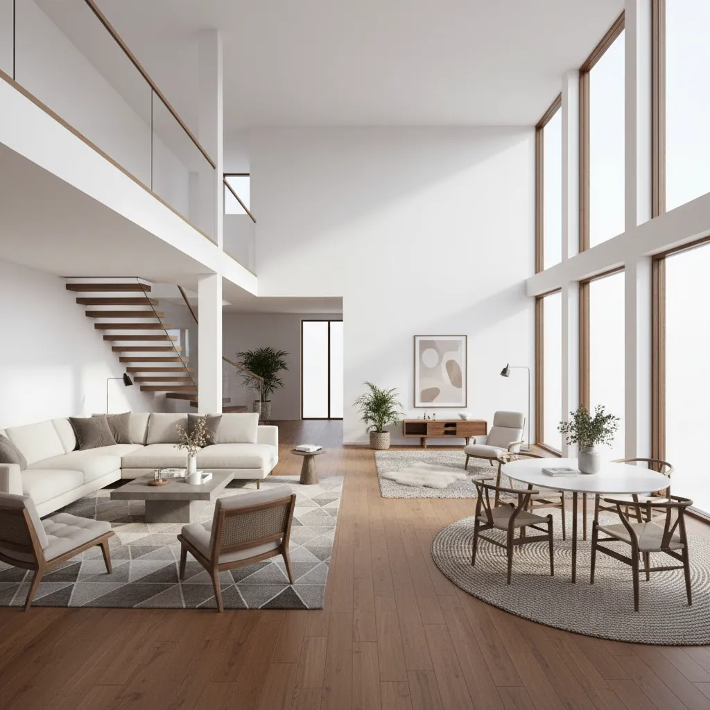 Home interior showing different flooring zones including rug and hardwood