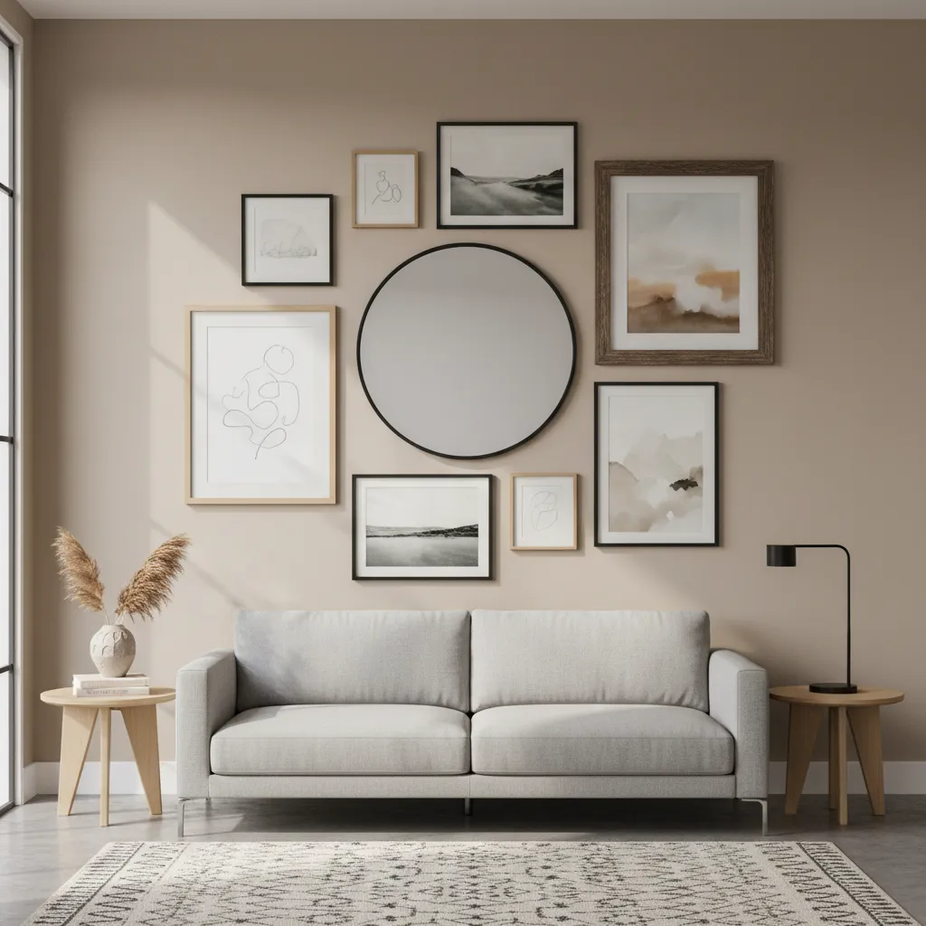 gallery wall around mirror with mixed black metal and wood frames