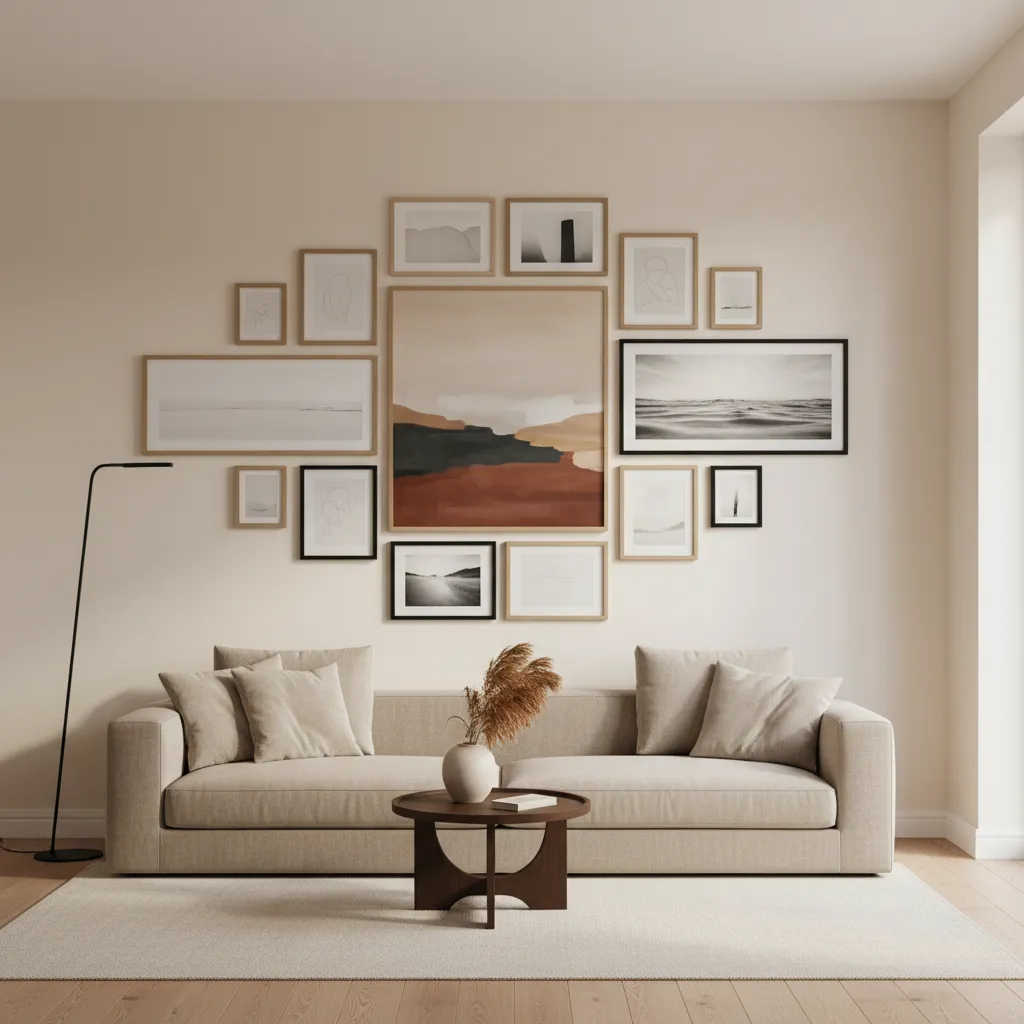 Balanced gallery wall using mixed frame sizes