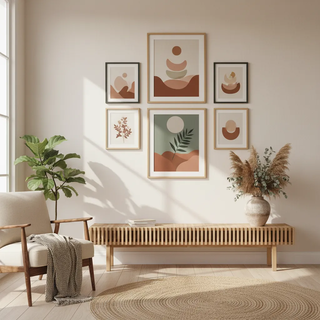 Eight frame gallery wall with mixed frame sizes and cohesive artwork colors