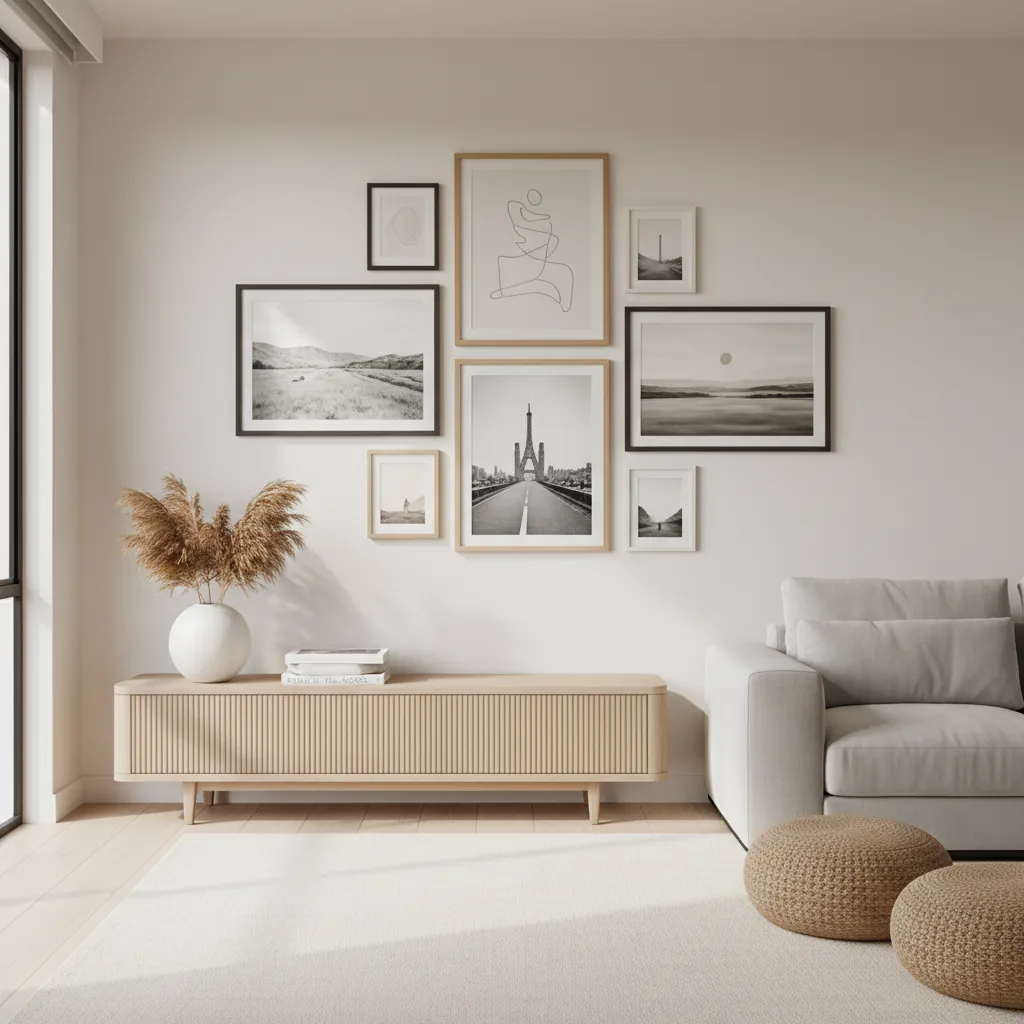 Gallery wall with mixed frame sizes arranged with consistent spacing