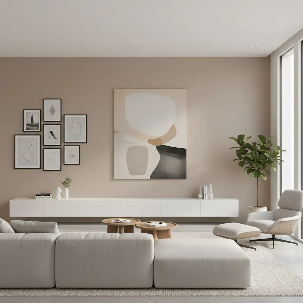 Mixed gallery wall combining large artwork and multiple 8x10 frames