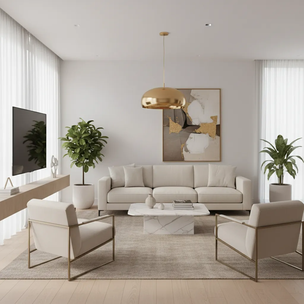 Modern living room combining minimalist layout with glam gold lighting accent