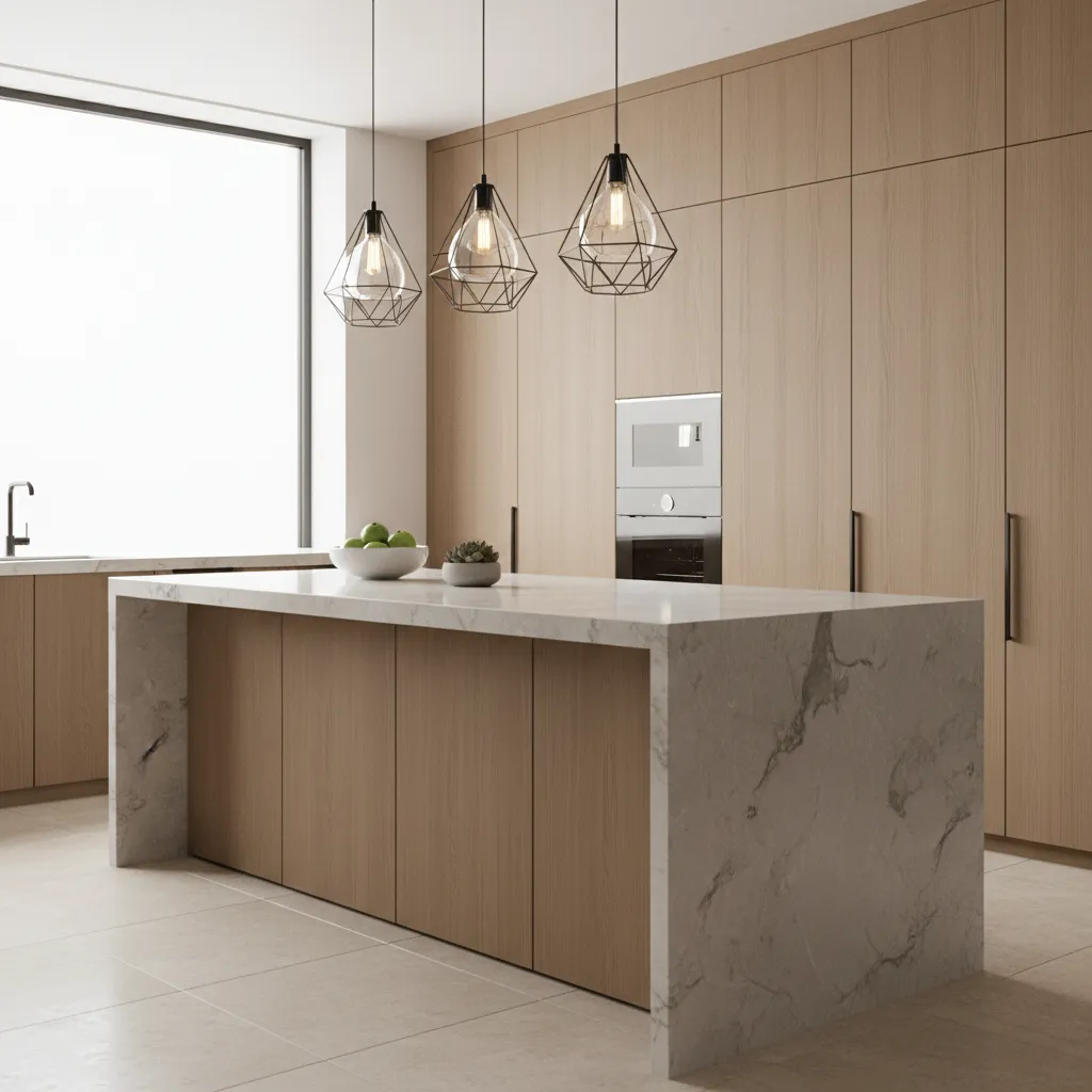 Kitchen island with pendant lights combining glass shades and black frames