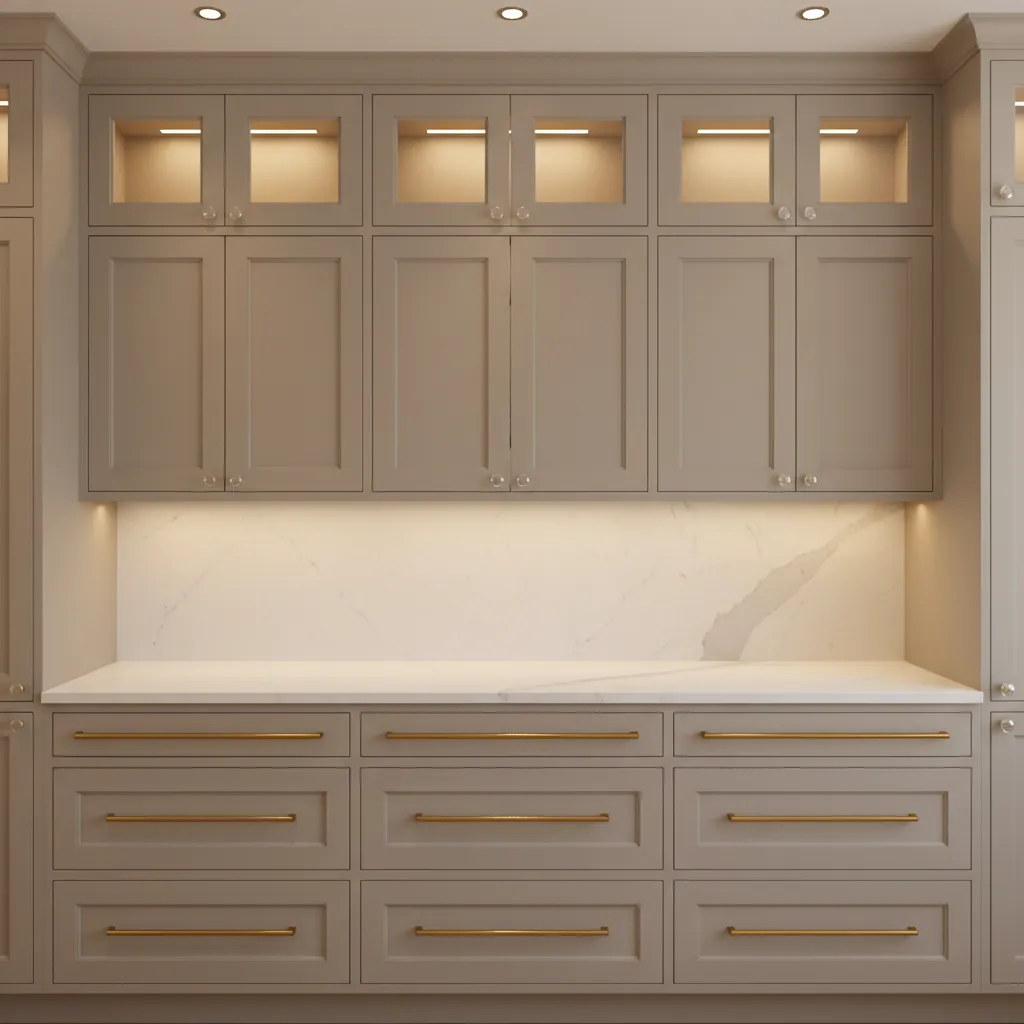 kitchen cabinets using glass knobs on doors and brass pulls on drawers