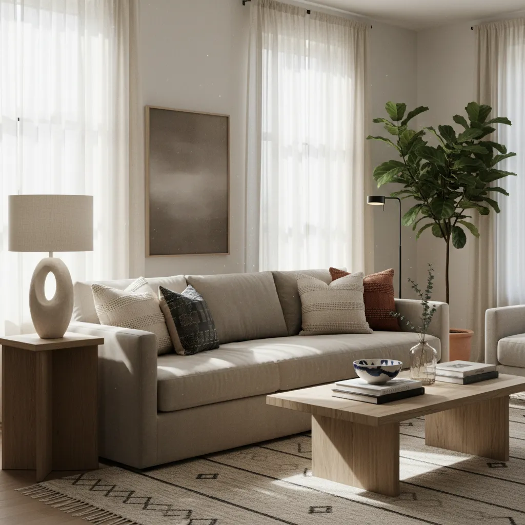 Living room combining boutique accent decor with standard furniture pieces