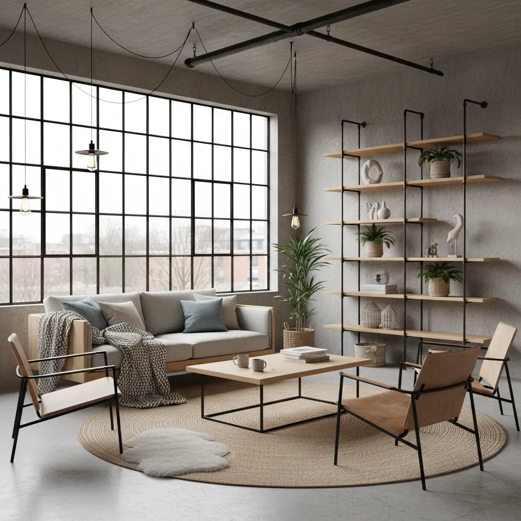 Industrial living room with grey sofa, wooden coffee table, large grid windows, and tall bookshelf