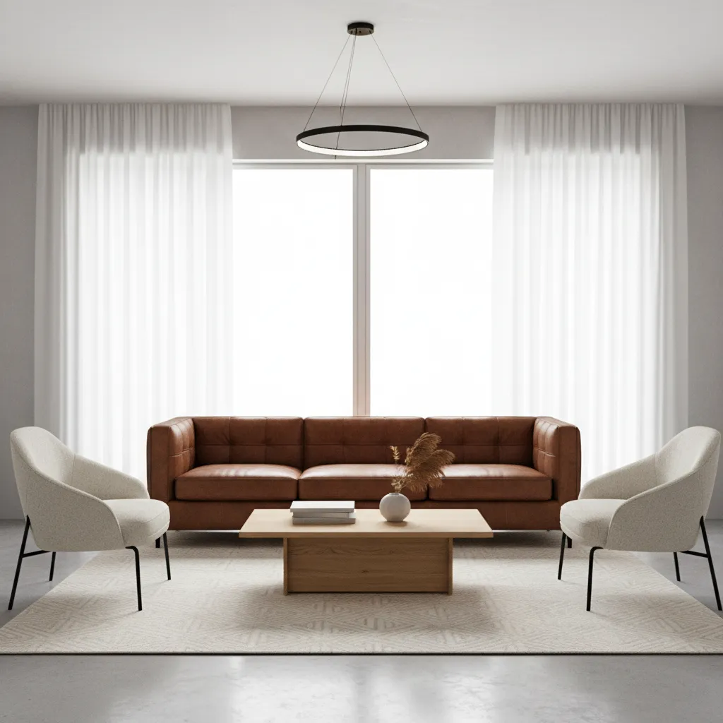 Living room with leather sofa and fabric armchairs arranged around coffee table