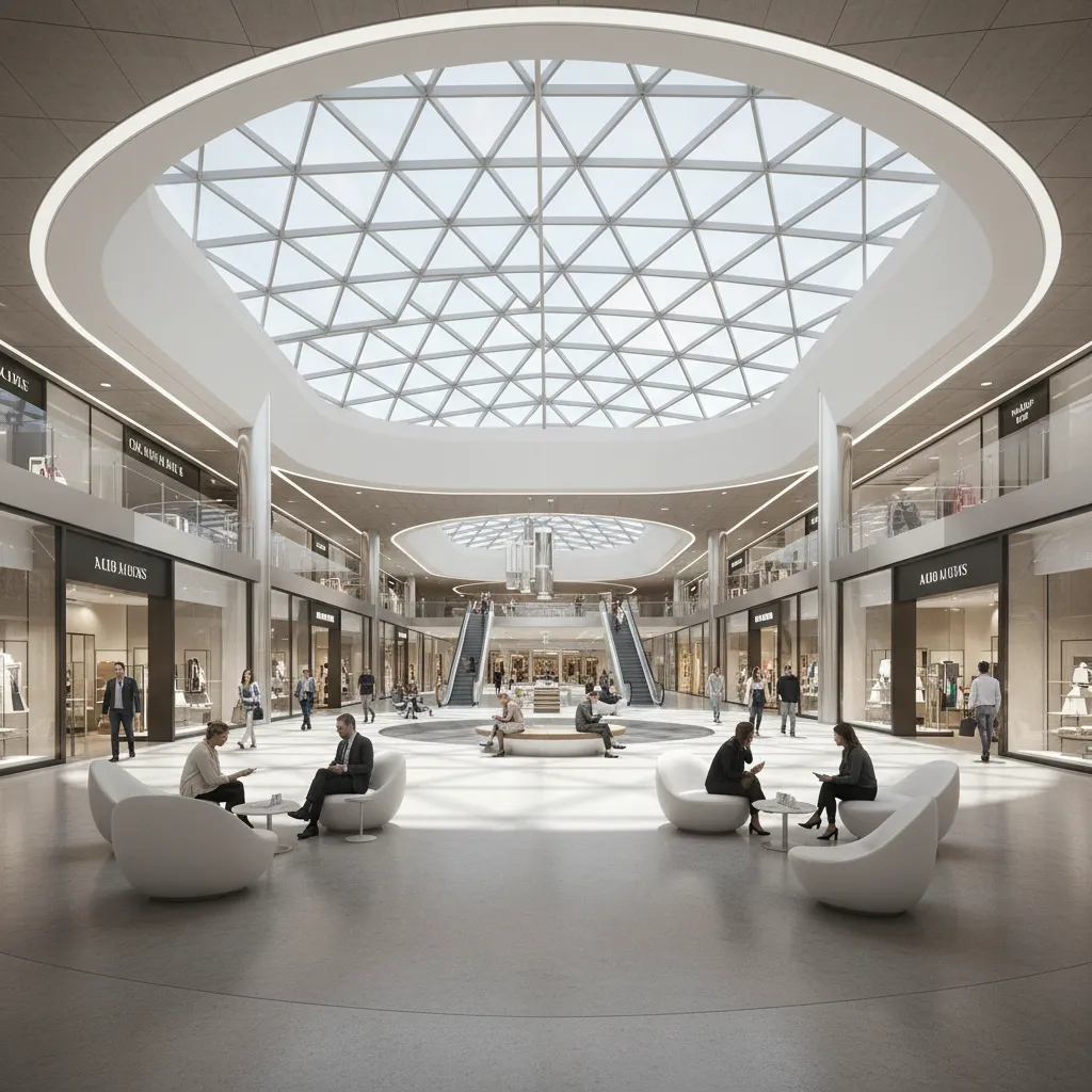 modern shopping mall atrium with branching corridors representing mixed layout design