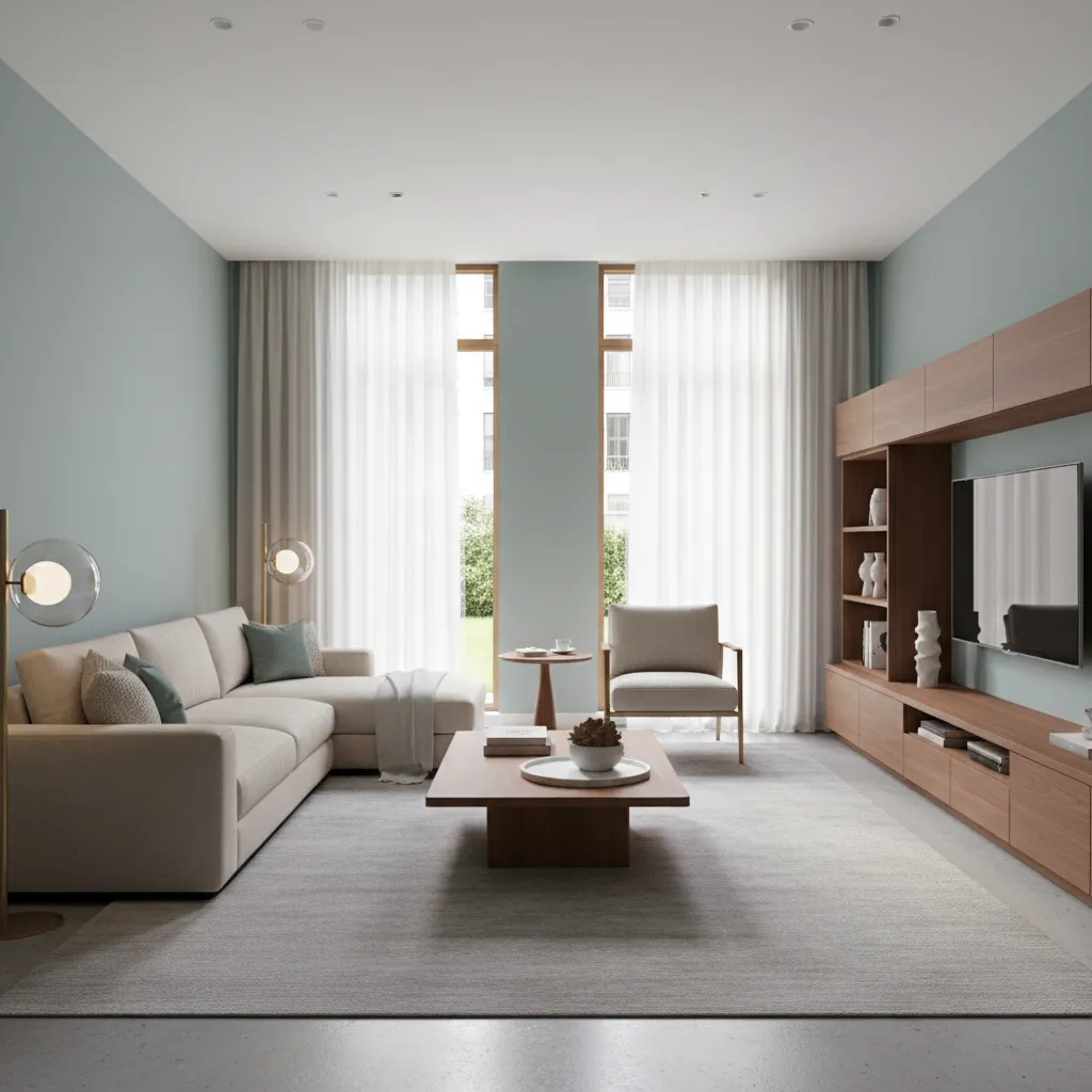 aqua gray living room mixing wood brass and upholstery materials
