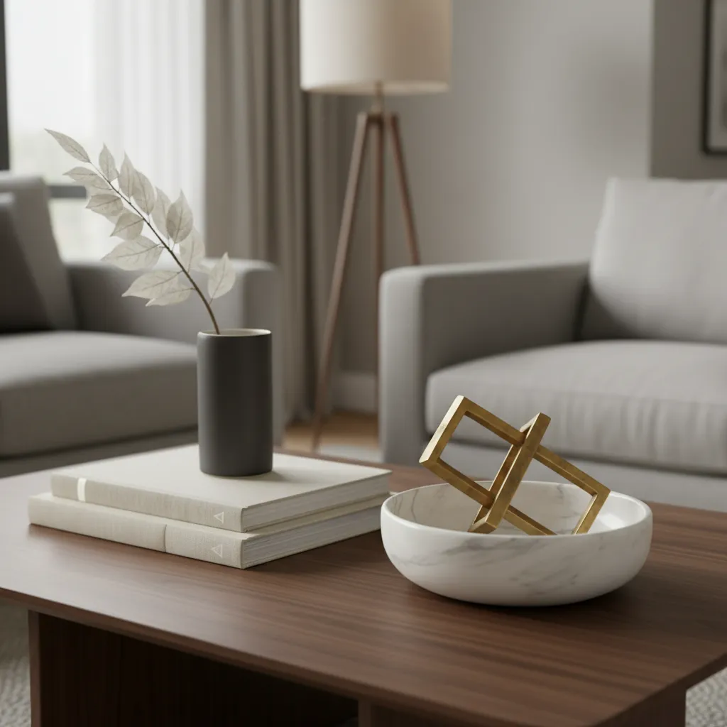 Coffee table decor combining marble brass and books for layered texture