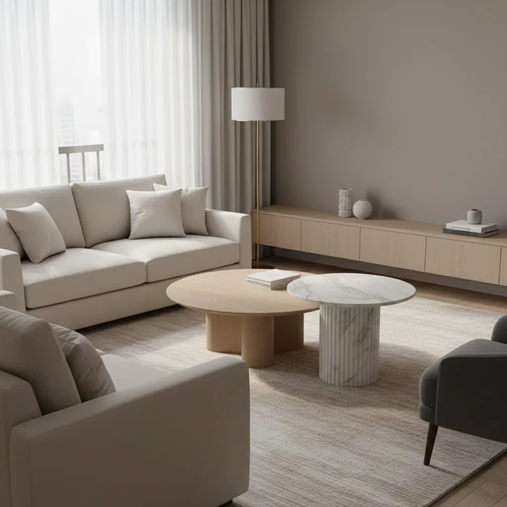 Modern living room featuring wood and marble coffee tables with beige sofa cabinet and chair