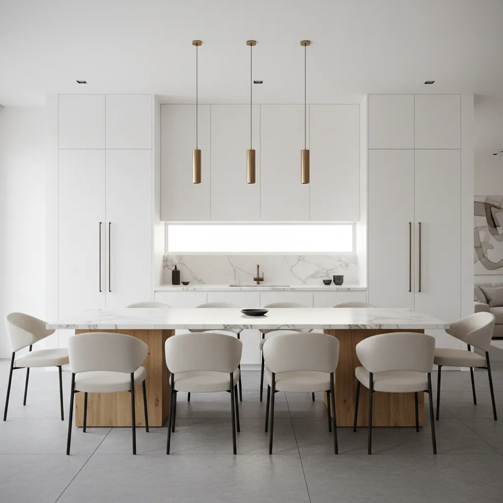 Mixed material dining table combining wood and stone in white kitchen