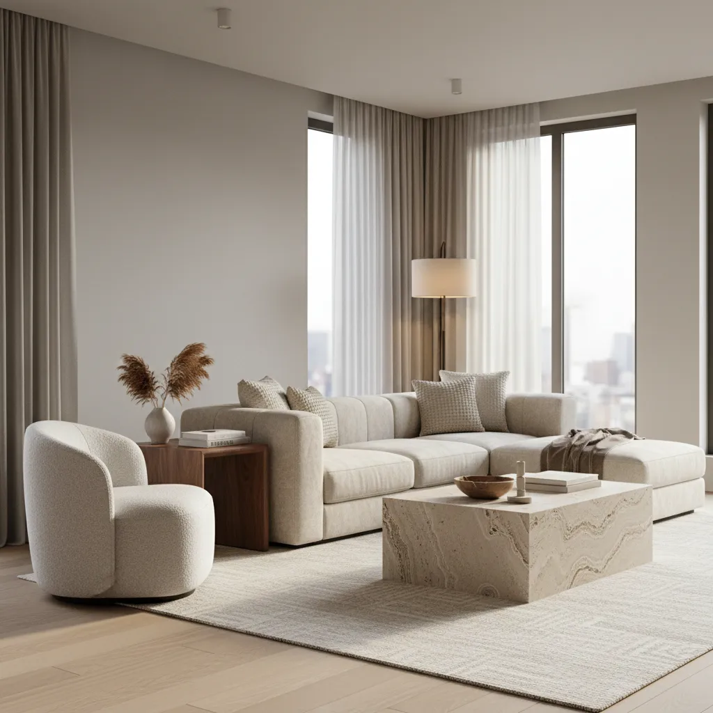 Minimalist living room featuring beige sectional sofa stone coffee table white armchair curtains and lamp