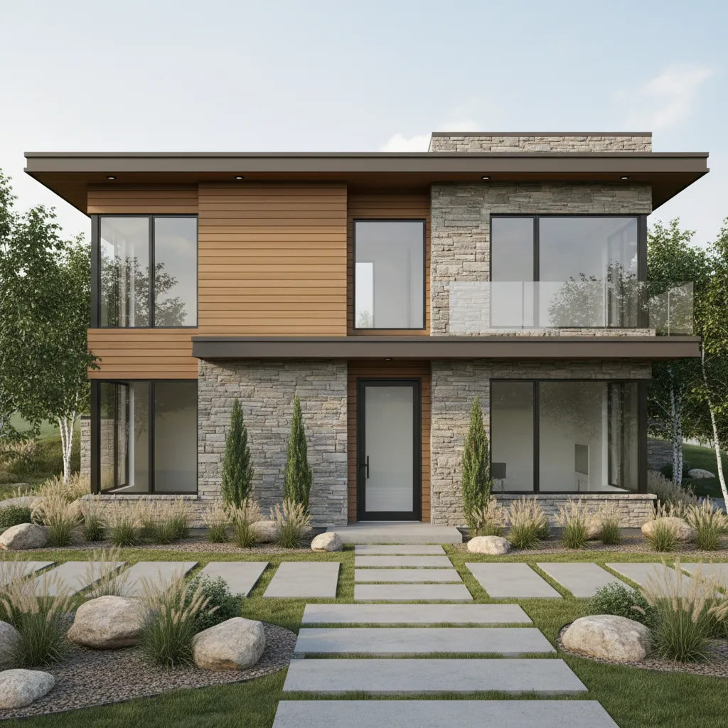 modern house exterior with mixed siding materials including stone and horizontal panels visualized digitally
