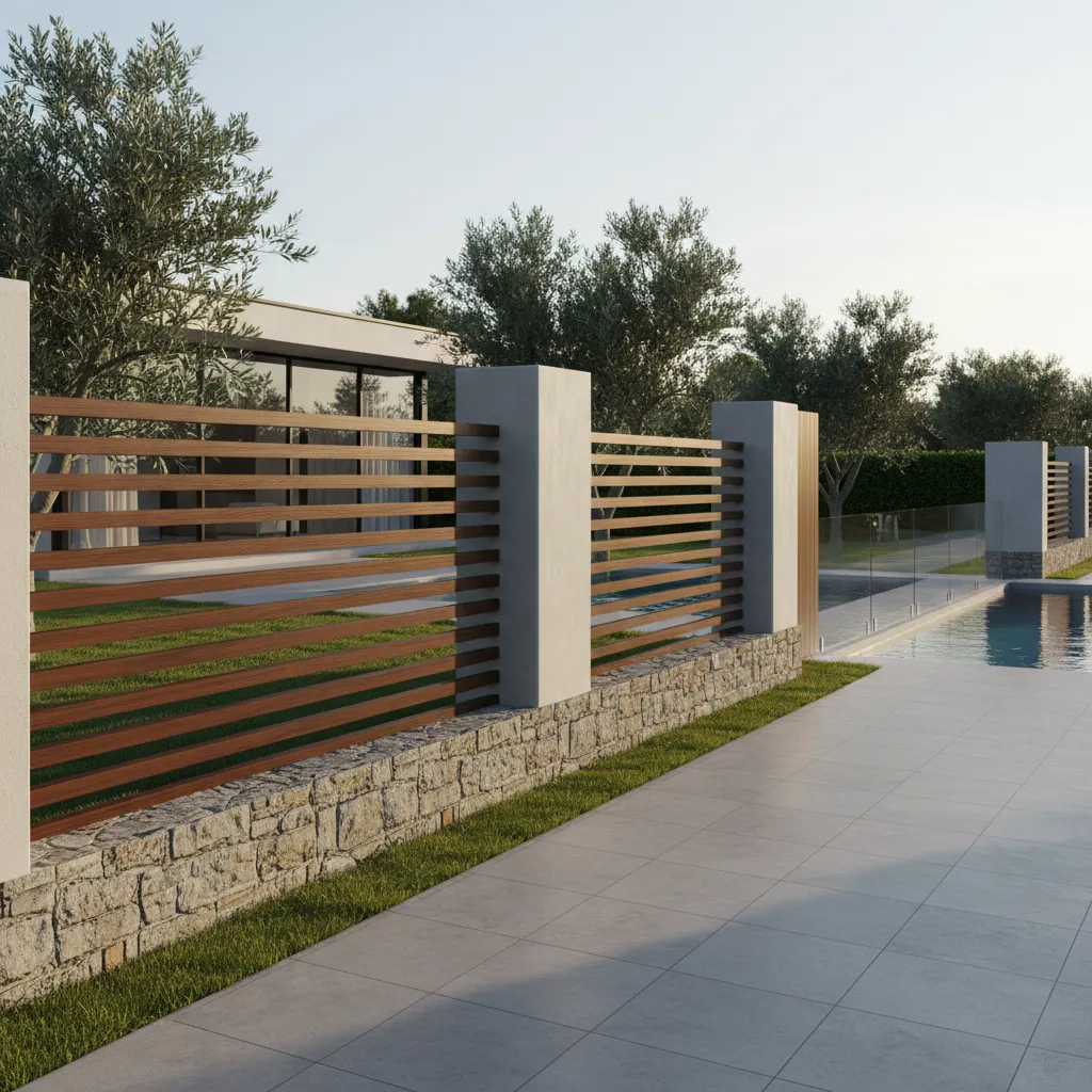 Modern mixed material villa boundary wall using stone, concrete and wood