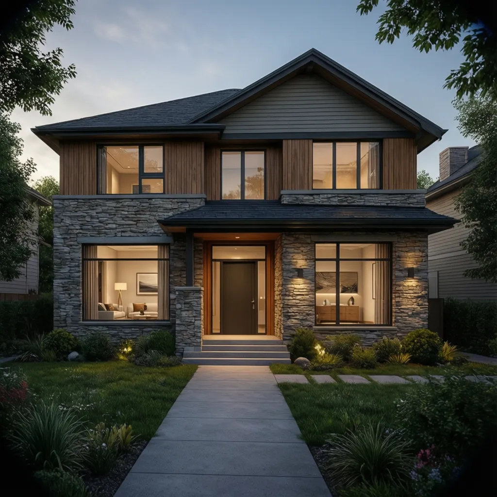 home exterior combining stone, wood, and siding materials for enhanced curb appeal