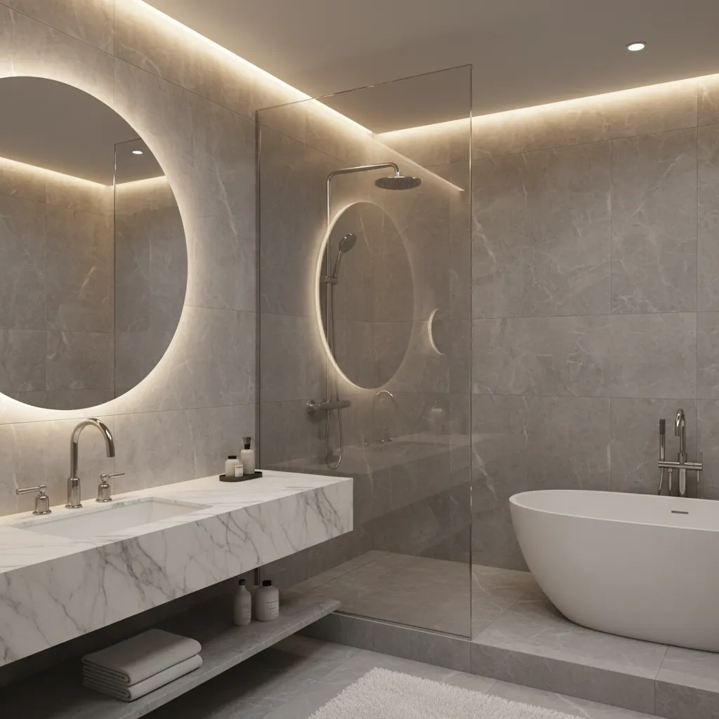 Modern bathroom mixing metallic silver and brushed nickel fixtures