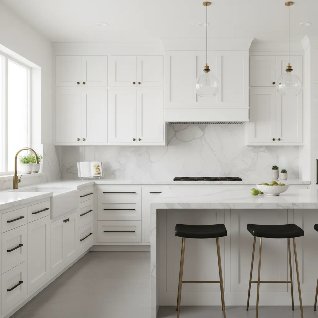 Kitchen using mixed metal cabinet hardware with black and brass finishes