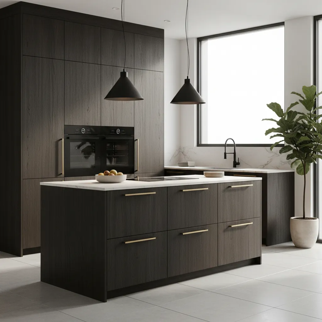 Kitchen using mixed metal hardware with brass and black finishes