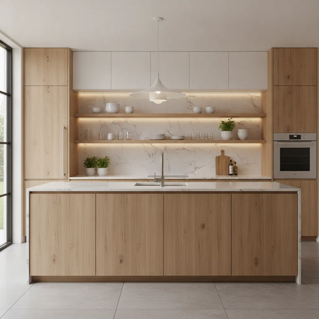 kitchen design mixing open shelves with closed cabinets