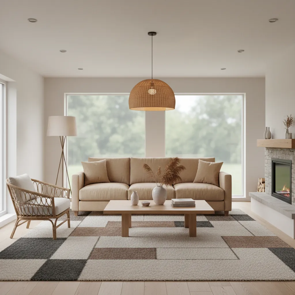 living room mixing wicker patio chair with upholstered sofa and rug