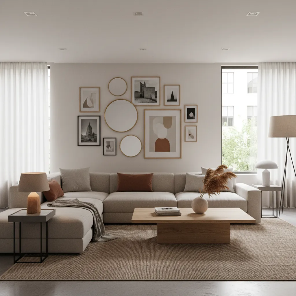 Living room wall featuring round art mixed with rectangular frames
