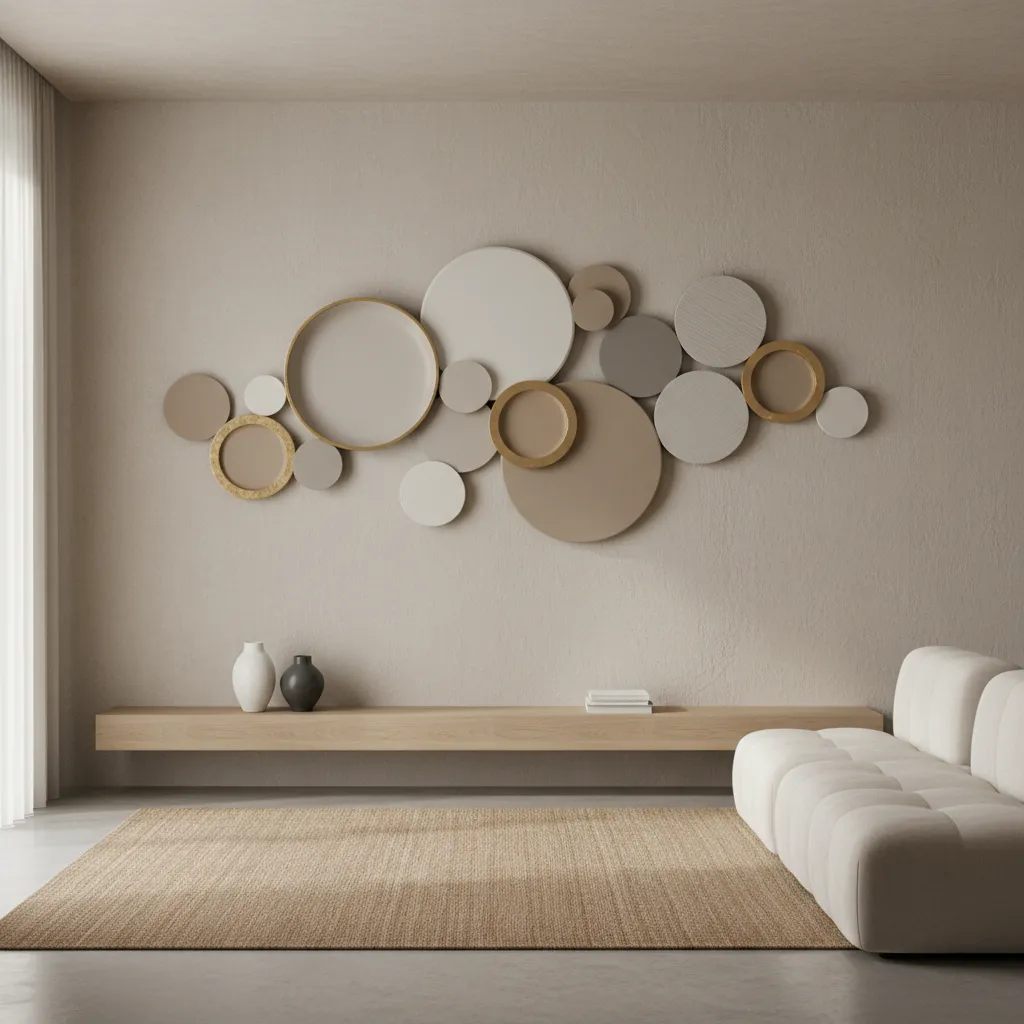 Wall arrangement showing large medium and small circle decor pieces for visual depth