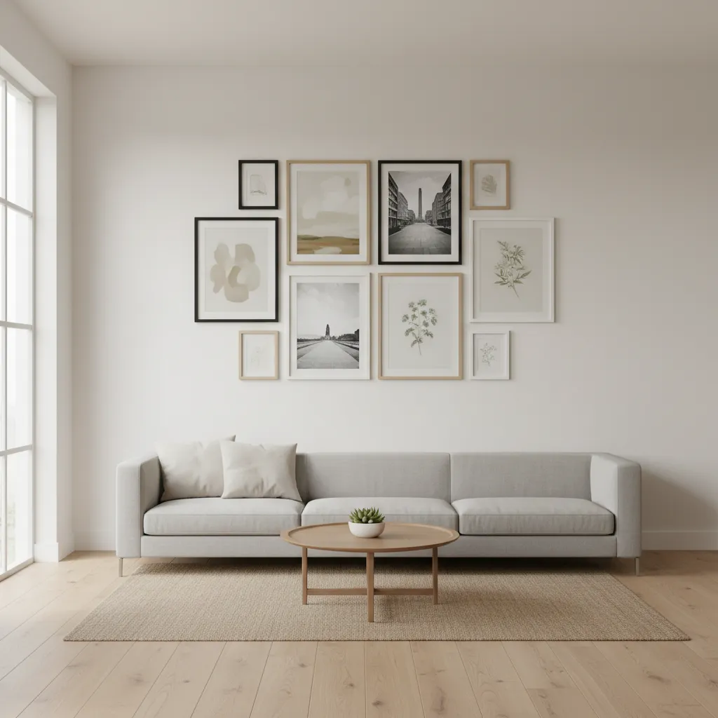 example of 11 picture gallery wall with mixed size frames in a living room