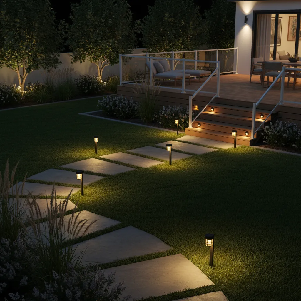 Backyard using both solar path lights and battery motion lights for layered lighting