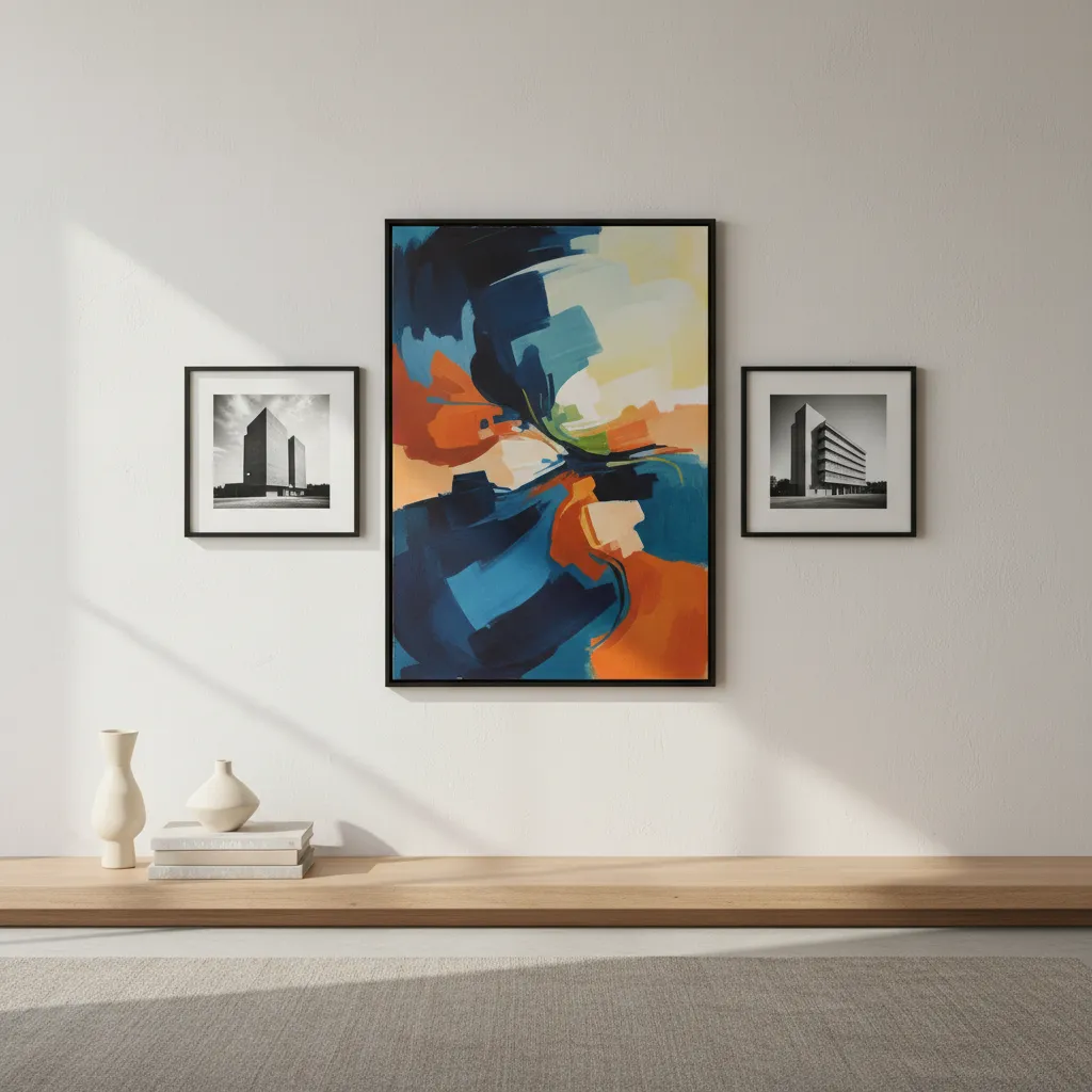 Wall displaying abstract painting paired with black and white photography