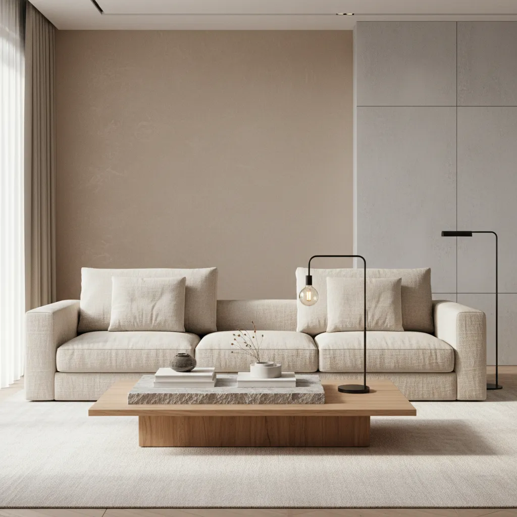 interior space mixing linen wood stone and metal textures while staying cohesive