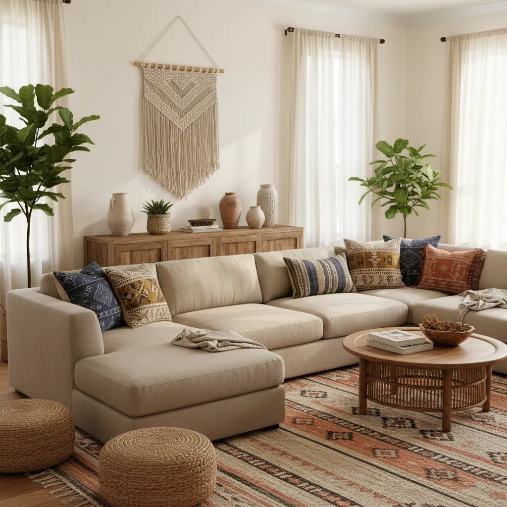 living room combining aztec rug moroccan pillows and tribal textiles