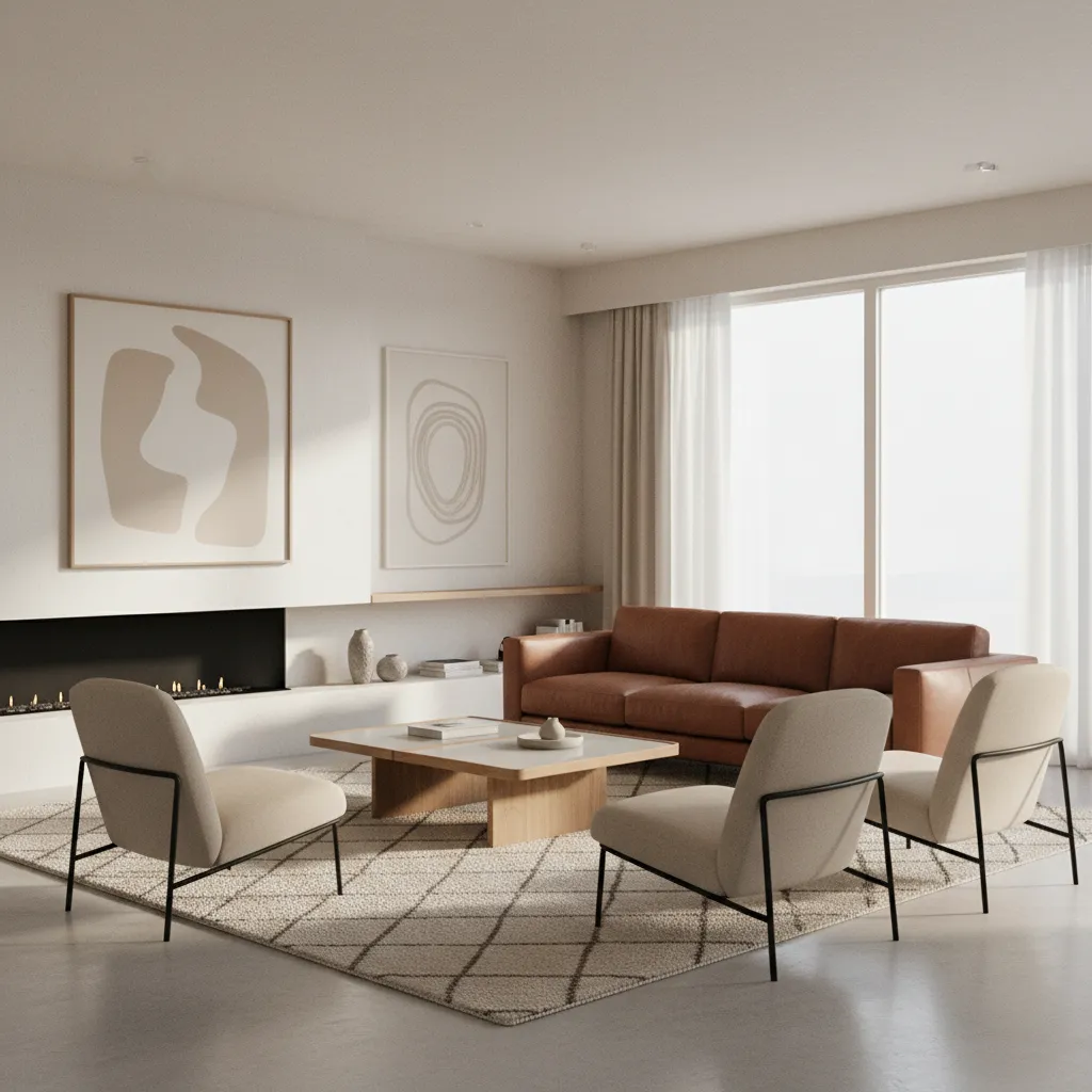 Living room with brown leather sofa and soft fabric armchairs