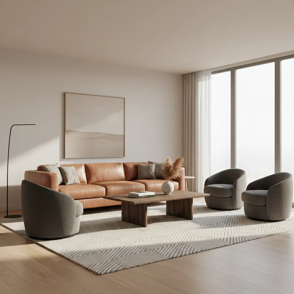 Living room with leather sofa and fabric accent chairs