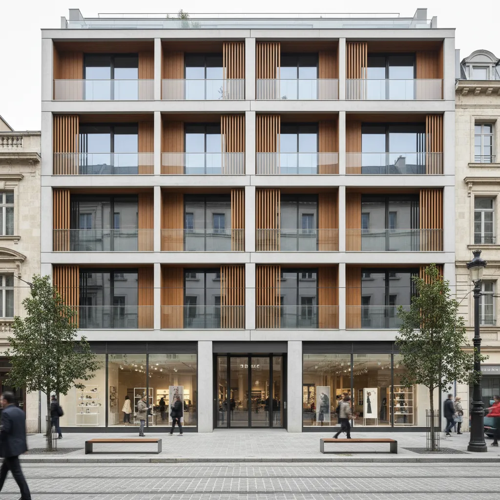 Fachada moderna con local comercial y vivienda