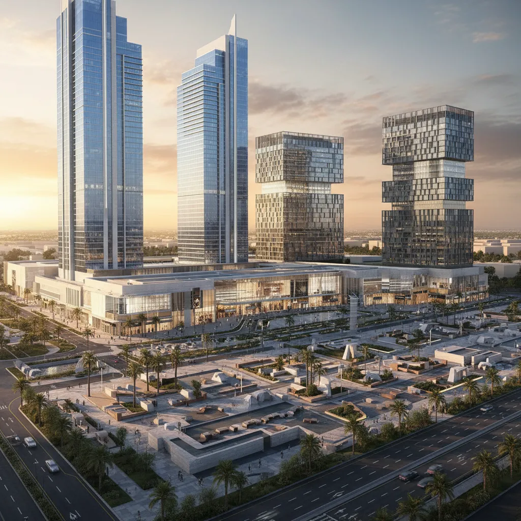 Large mixed use development with hotels offices and retail buildings