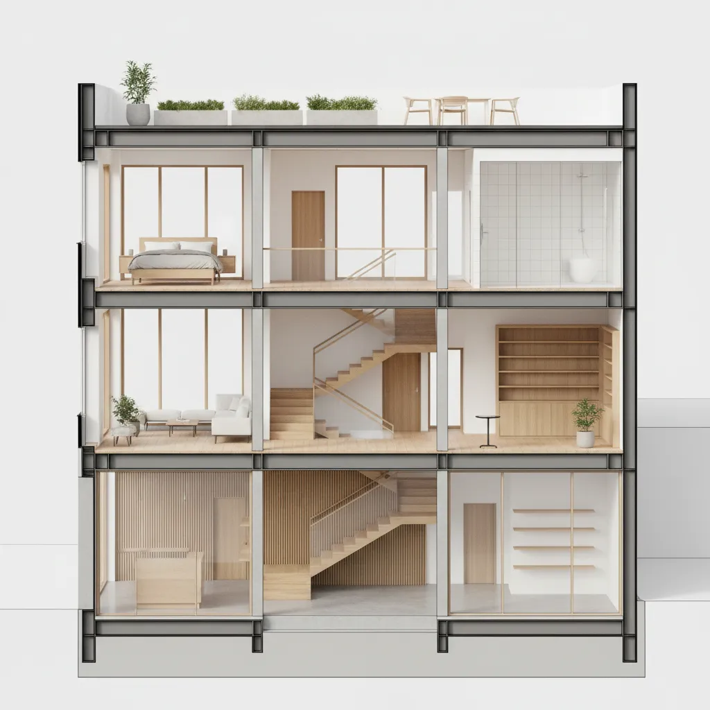 Sección arquitectónica de casa con local comercial y vivienda arriba