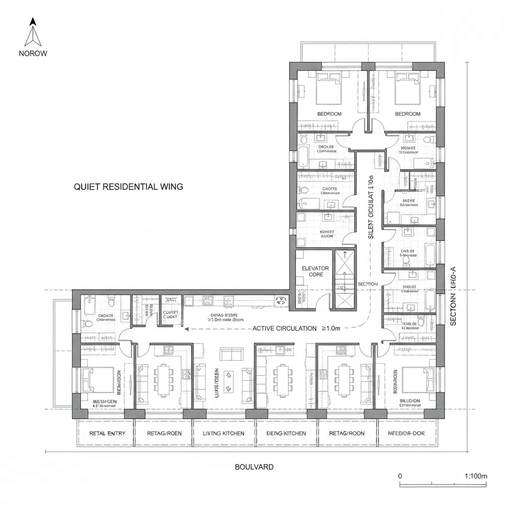 L-shaped floor plan with a quiet residential wing and active retail spaces along a main boulevard