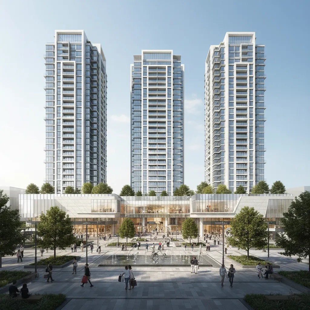Mixed use mall development with retail podium and residential towers
