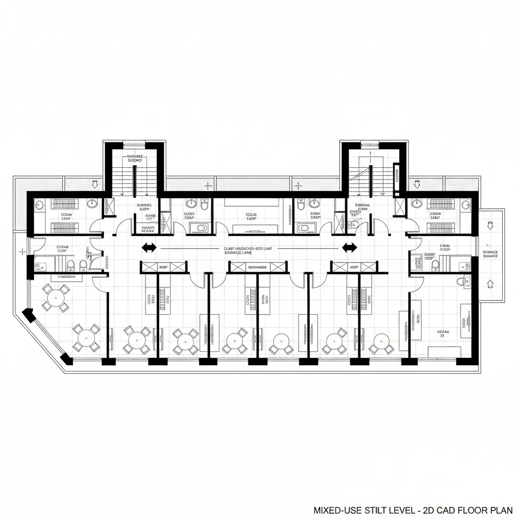 Detailed 2D floor plan drawing showing room layout with tables chairs stairs and long hallway