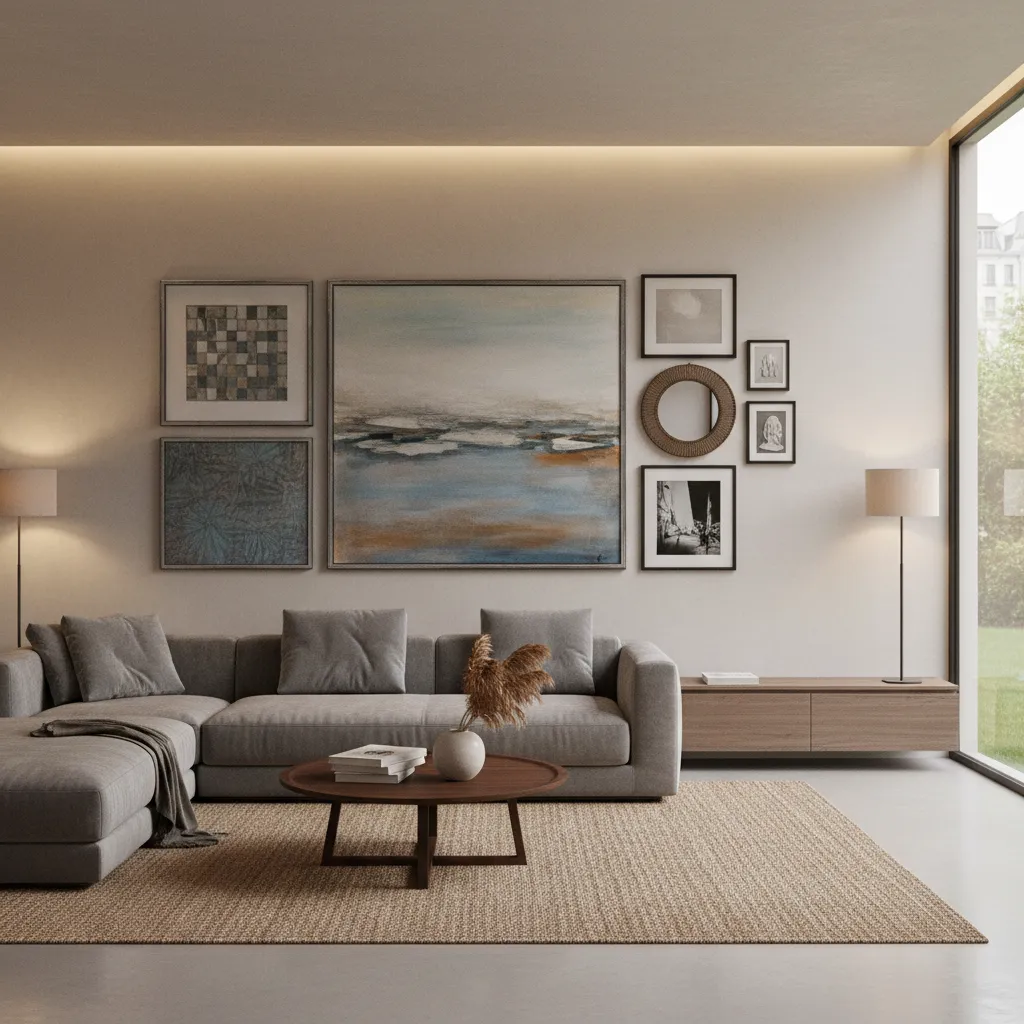 Combination of vertical and horizontal wall art arrangement on a long wall