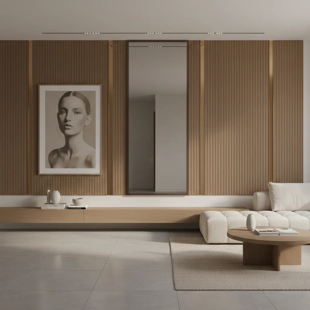 Combination of mirrors and artwork arranged vertically on a long wall