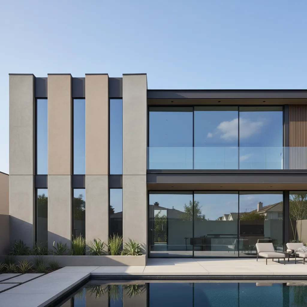 Casa moderna con combinación de ventanas verticales y panorámicas