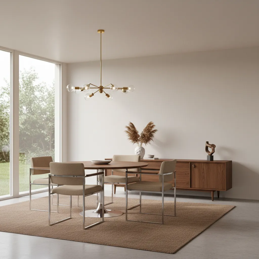 Interior showing brass lighting with chrome furniture accents in mid century style